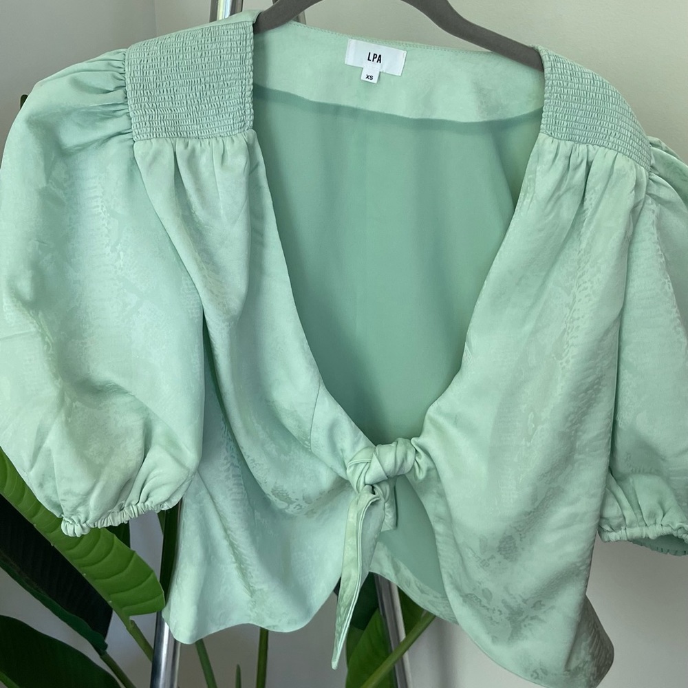 LPA mint green cropped tie blouse